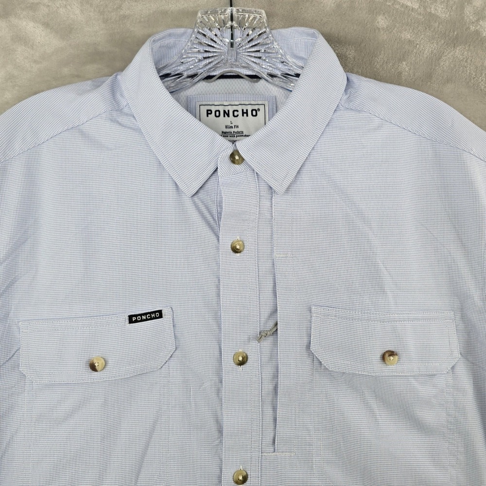 Poncho Shirt Mens Large Slim Fit Blue Short Sleeve Magnetic Pockets Fishing